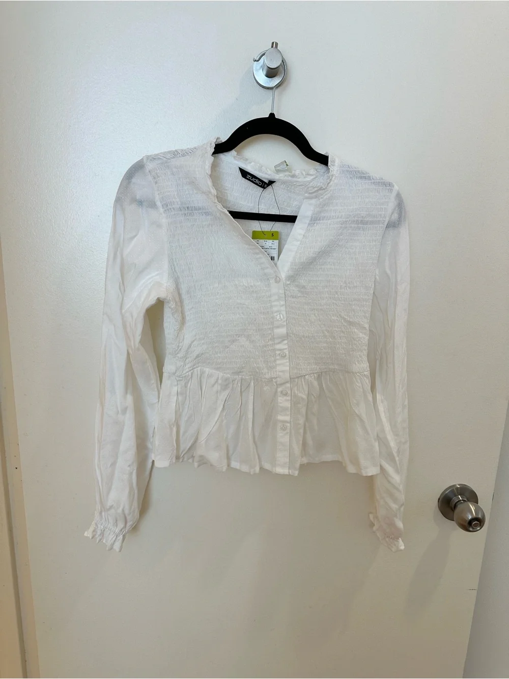 White Smocked Peplum Button-Front Top